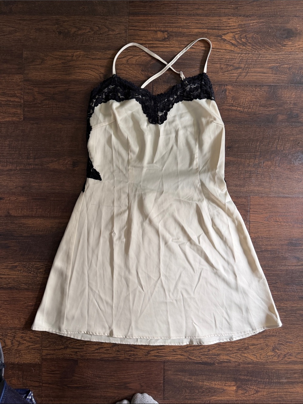 Cream Slip Dress with Black Lace Detail